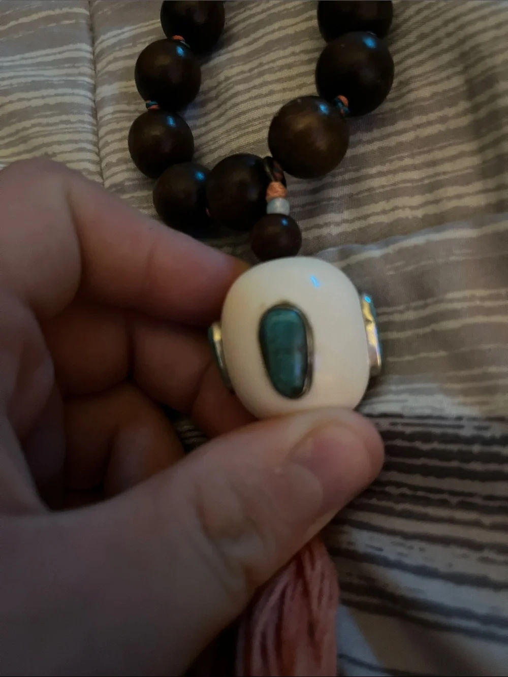 Beaded Wood Prayer Necklace with Coral Tassel